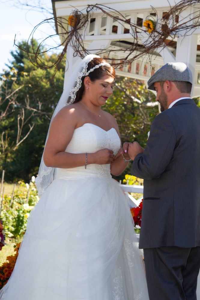 Photo of groom placing ring on bride's finger